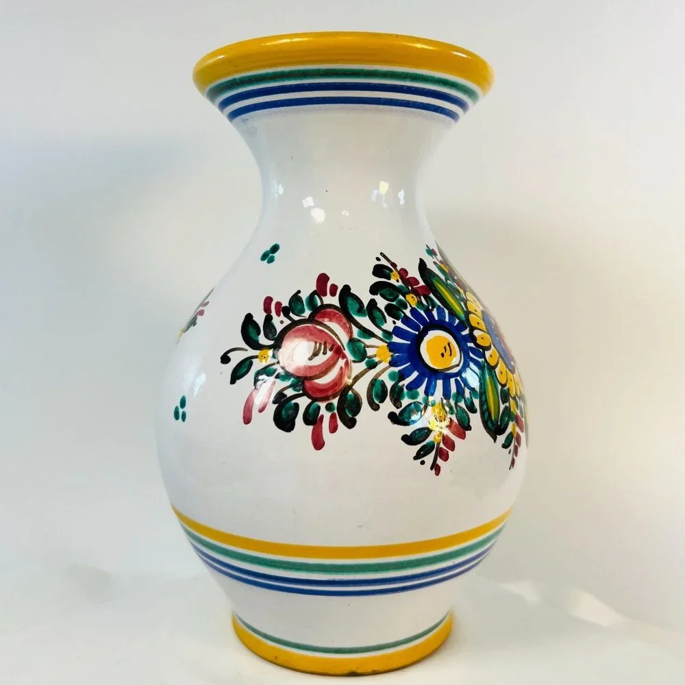Artisan Signed Hand Painted Vase Roses Sunflower Spring Red Yellow Blue ‎ 7